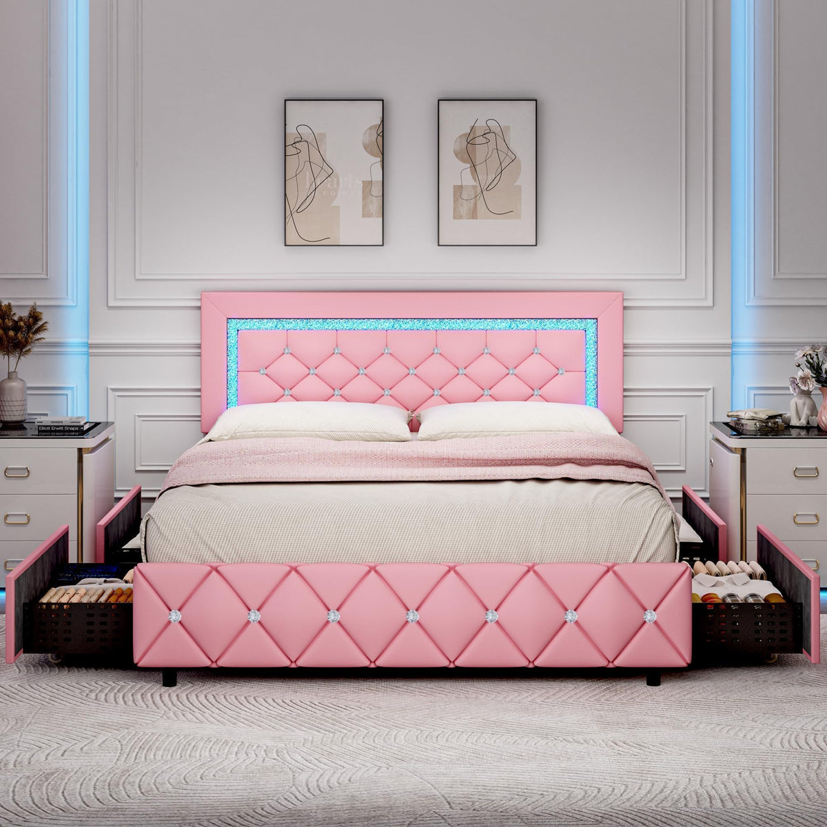 BarnFurin Full Size Bed Frame with LED Lights, Upholstered Bed Frame with Storage Drawers, Princess Platform Bed with Diamond Headboard and Footboard, No Box Spring Needed, Pink
