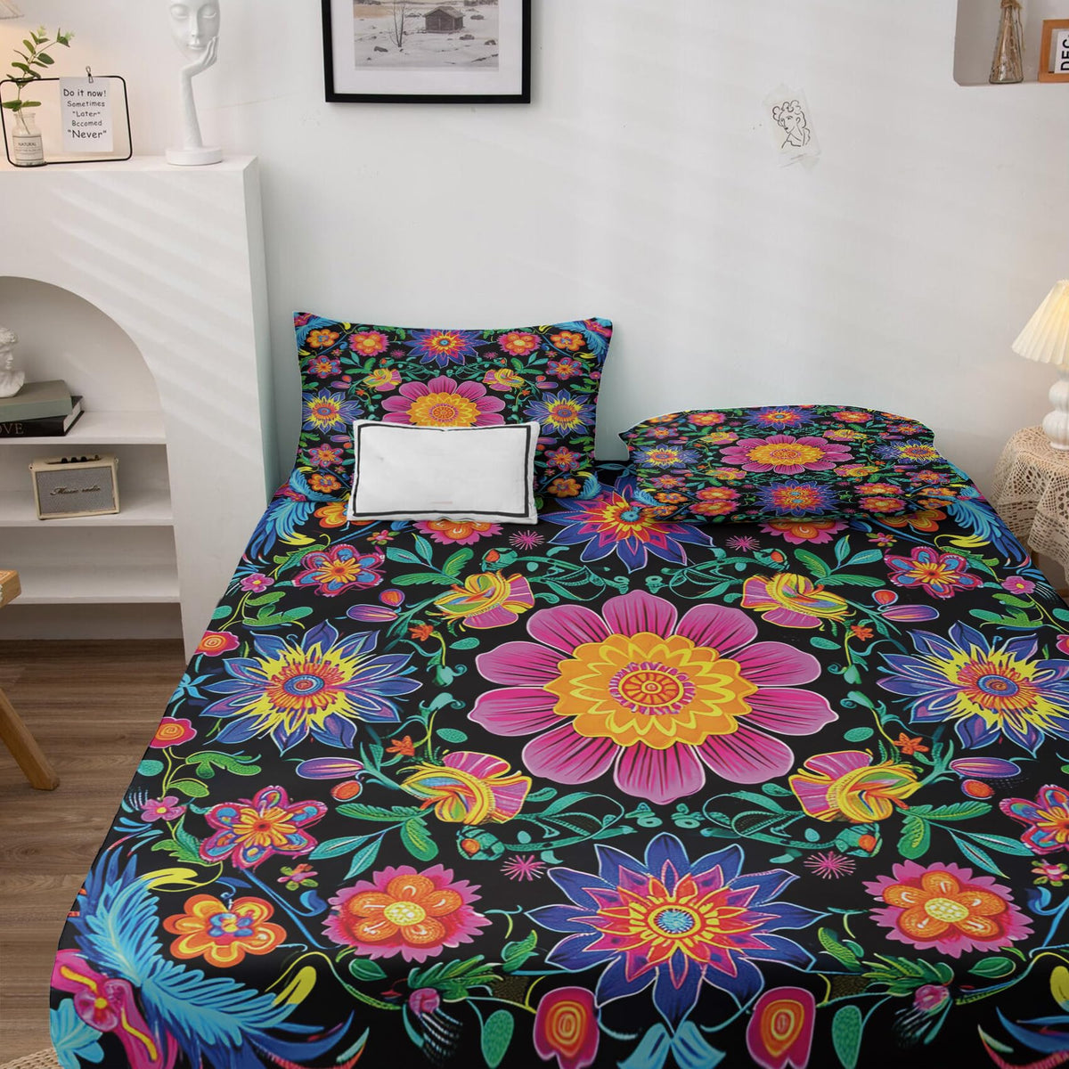 NOGAWA Mexican Floral Sheets Queen Size, Colorful Flower Bed Sheets, Patterned Bedding Sheets & Pillowcases 4 Piece Set - Soft Microfiber Deep Pocket Fitted Sheet & Flat Sheet & 2 Pillow Cases