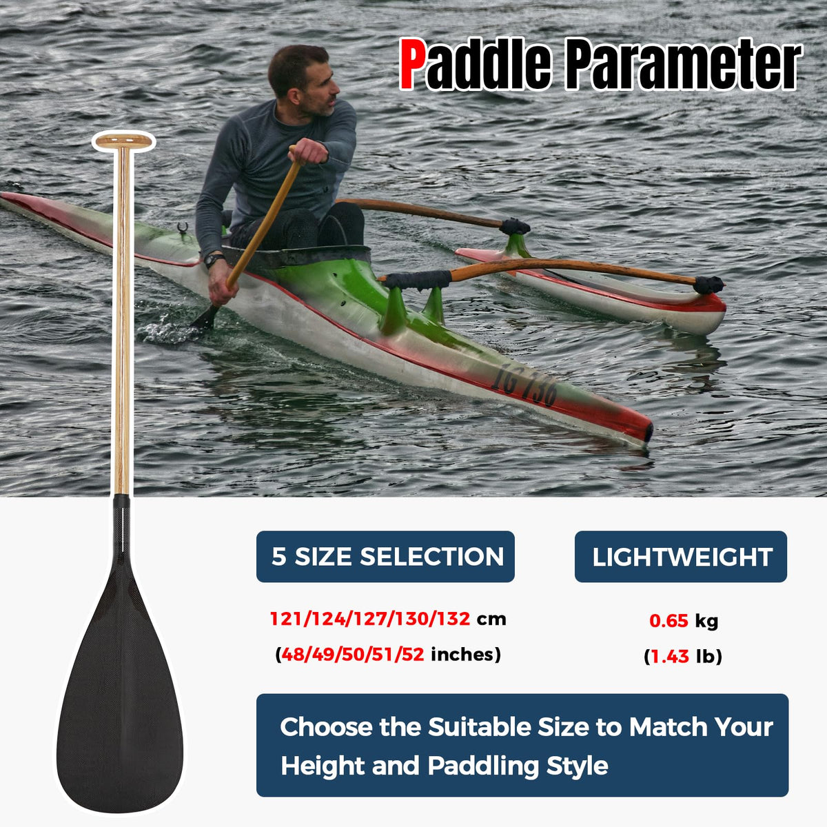 LINGVUM Hybrid Outrigger Canoe Paddle with Wooden Shaft and Carbon Fiber Blade, Lightweight and Durable OC Paddle, 50"