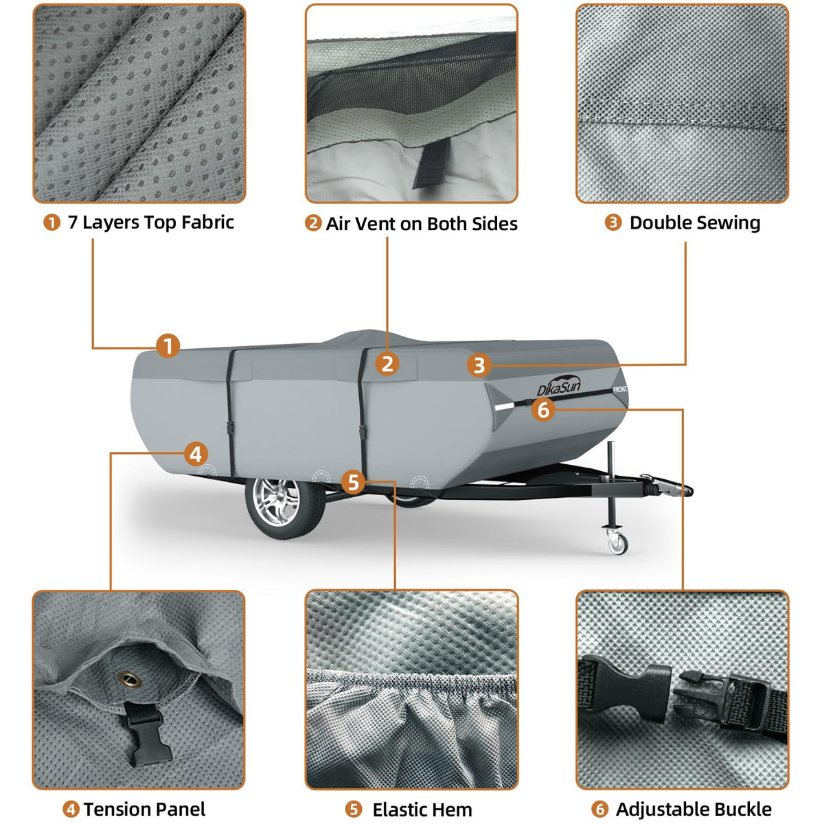DikaSun Pop Up Camper Cover 14'-16', 7 Layers Waterproof Pop-up Tent Trailer Cover Anti-UV Folding Camper RV Cover for Motor Home