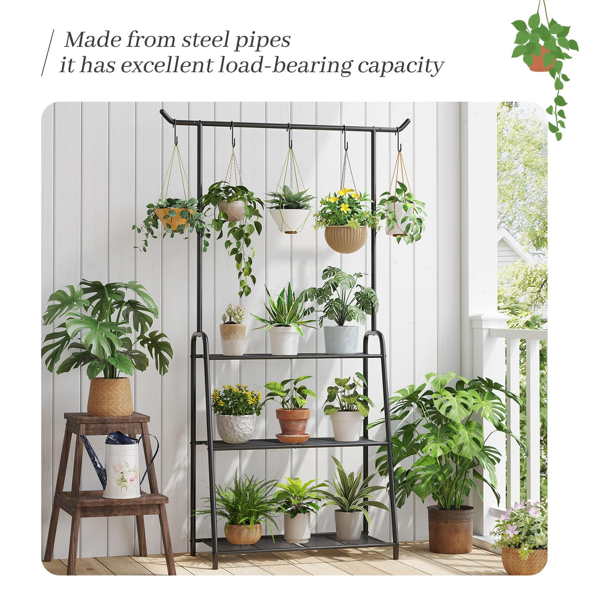 Kitsanery Plant Stand Indoor Outdoor,Metal Plant Stands for Multiple Plants,3 Tier Tall Hanging Plant Shelf,Large Heavy Duty Flower Holder Ladder Plant for Living Room, Patio, Balcony (Black)