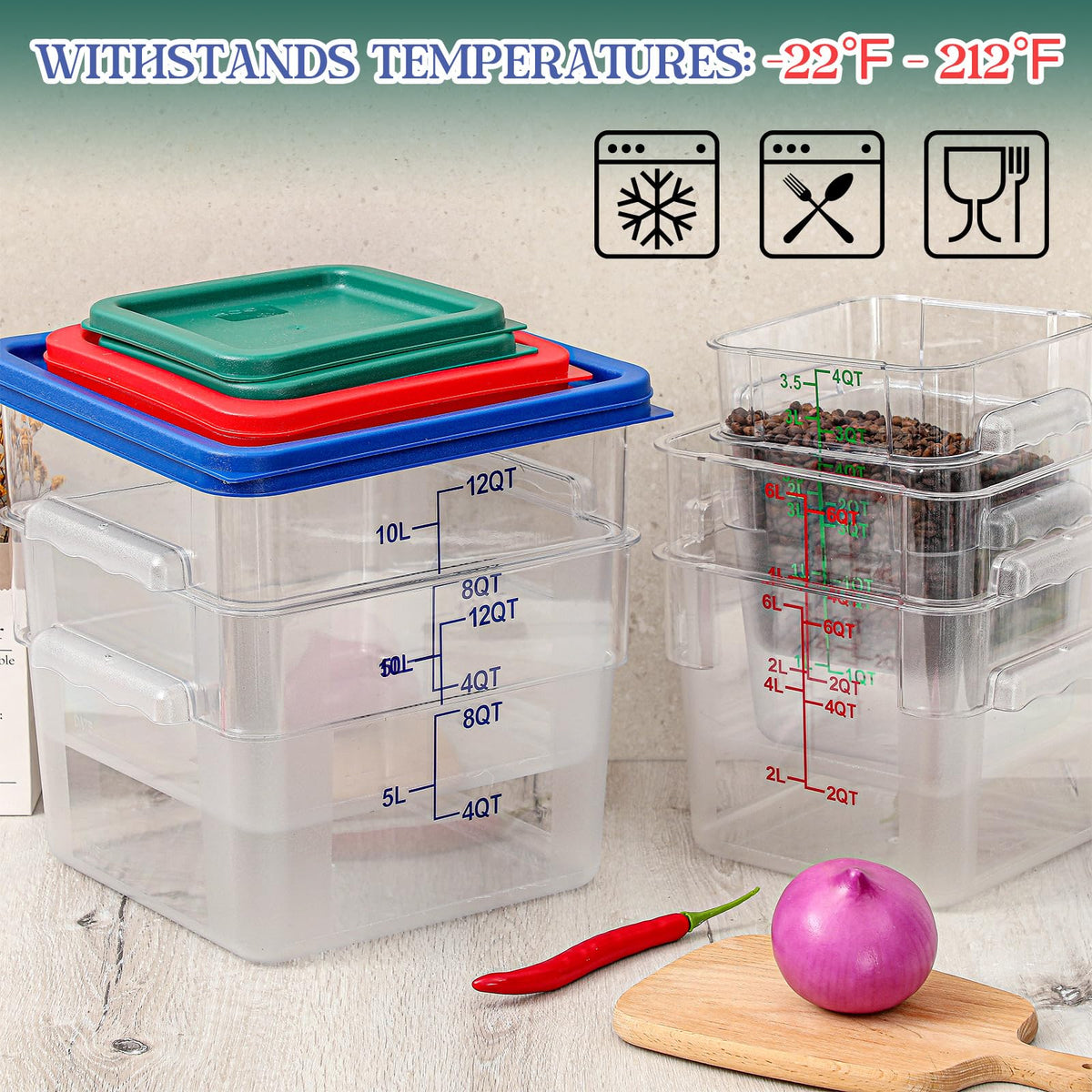 Ziliny 8 Set Square Food Storage Containers with Lid Contains 4 Pcs 6 Qt, 12 Quart and 4 Quart 2 Each, Clear Polycarbonate Commercial Food Storage Container Dough Proofing for Restaurant Home