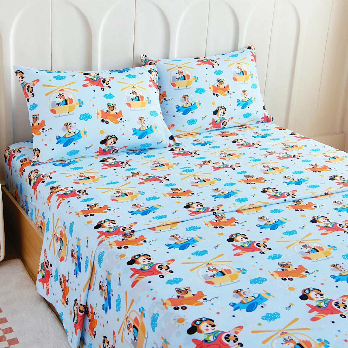 Homilay Full Sheet Set Kids - Airplane 4 Pieces Soft Microfiber Cartoon Style Bedsheets for Boys Girls Teens, Oeko TEX Breathable 15 Inch Deep Pocket Sheets(Animal Captain)