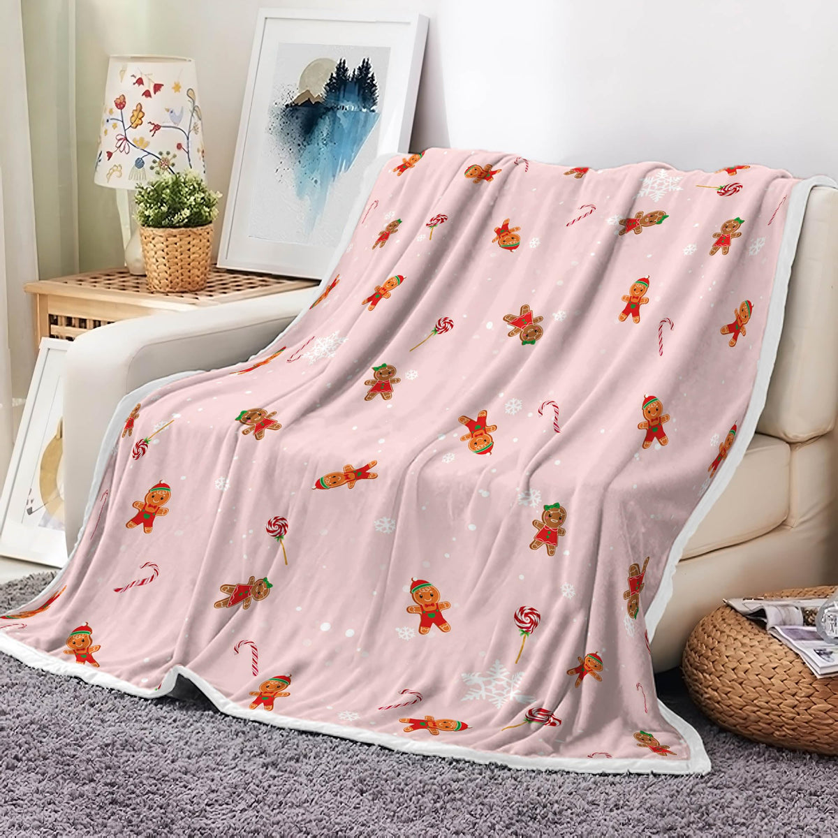 Pink Christmas Gingerbread Throw Blanket, Gingerbread Man Candy Cane Blanket Xmas Winter Flannel Warm Throw Blankets Soft Cozy Decorative for Christmas Home Bed Sofa Couch Decor, 50 x 60 Inch