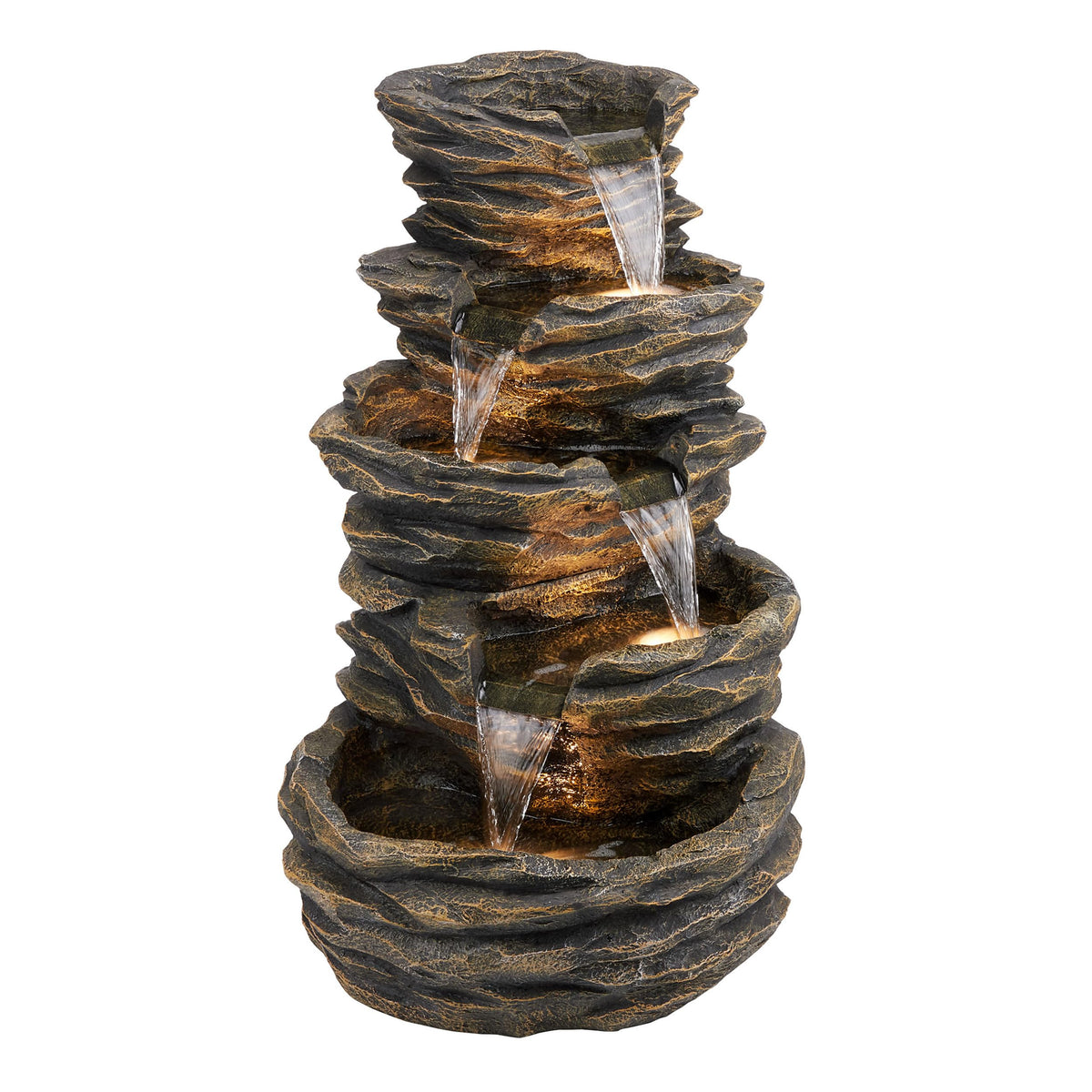 Alpine Corporation 39" Tall Outdoor 5 Tiered Natural Look Rock Water Floor Fountain with Replaceable Lights, Brown