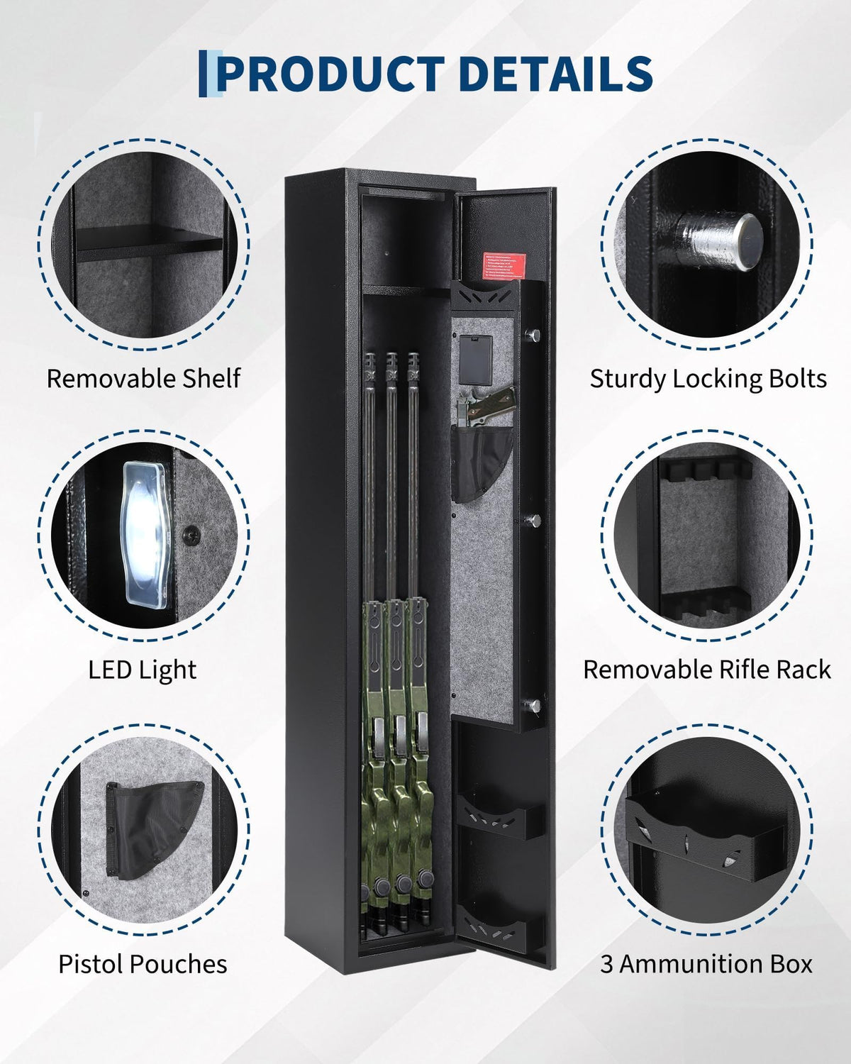 3-4 Gun Safes, Gun Cabinet for Rifles and Pistols, Quick Access Rifle Safe with Removable Shelf, Multifunction Lock, Pistol Pockets for Home Office