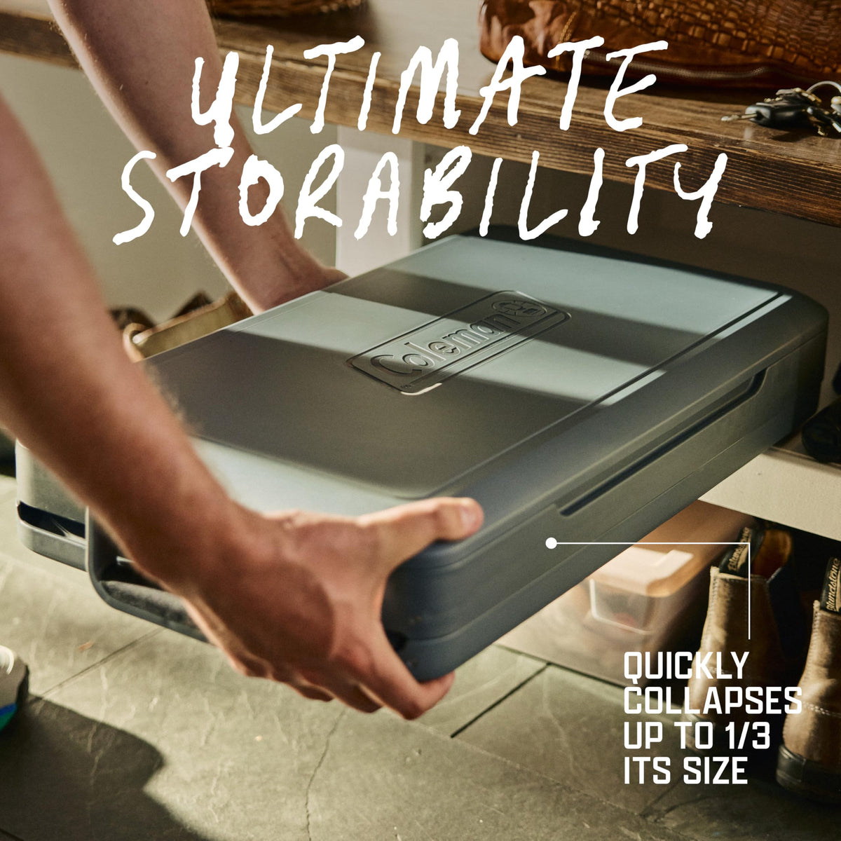 Coleman Snap 'N Go 35-Quart Collapsible Hard Cooler, Portable Hard-Sided Cooler with Waterproof Removable Liner, Spacing-Saving & Quick Set Up, 48 Hours Cold, Mussel Grey