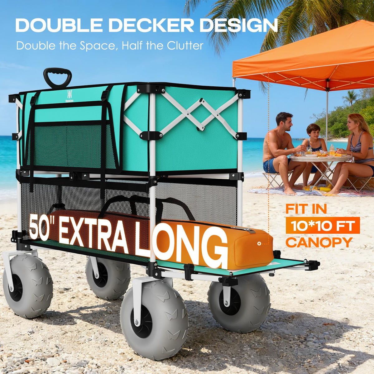 Navatiee 500Lbs Double Decker Wagon, 400L Large Capacity Heavy Duty Beach Cart with 9" Balloon Wheels for Sand, Folding Collapsible Wagon with Side Pocket for Beach, Sport, Camping, Light Blue