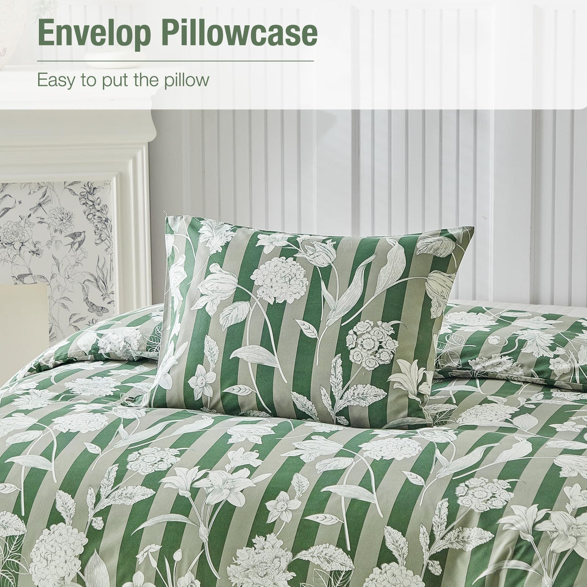 Lekesky Green Floral Duvet Cover King Size, Stripes Comforter Cover King Size Floral Printed Duvet Set, 3 Pieces Soft Microfiber Bedding Set with 8 Zipper Ties (King, 104"x90")