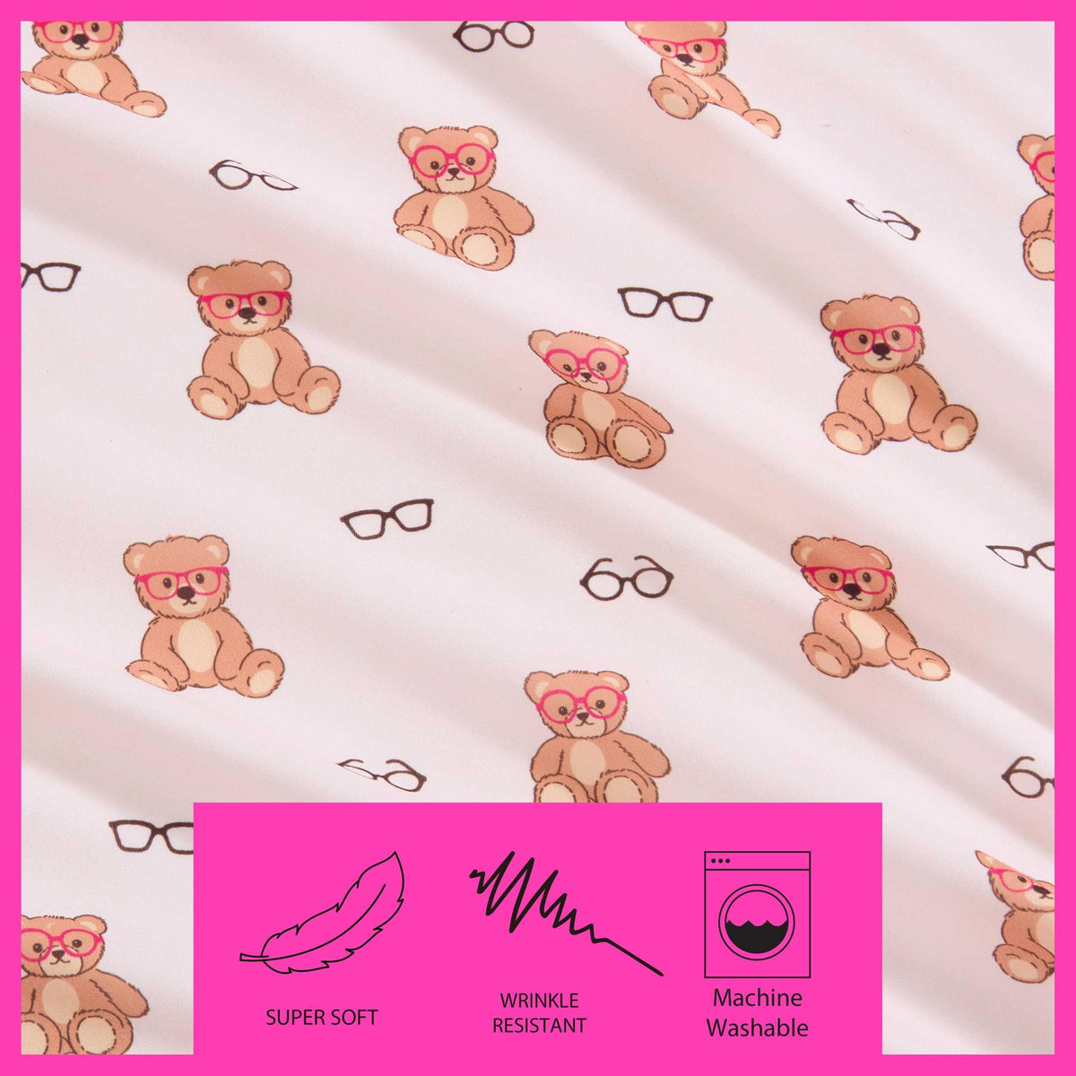 Betsey Johnson - Queen Size Sheet Set, Nerdy Teddies Print Microfiber Bedding with Deep Pocket Fitted Sheet, Bed Sheets with Matching Pillowcases, Nerdy Teddies Pink