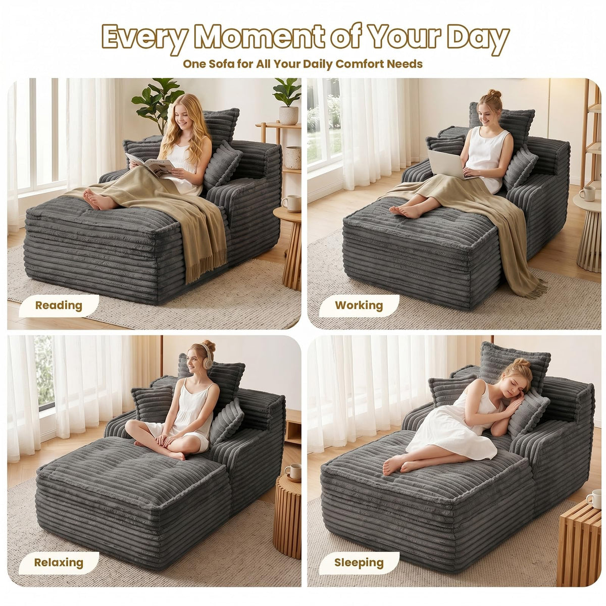 Ziydily 57 Inch Chaise Lounge Chair Indoor, Corduroy Upholstered Boneless Sofa Bed, Deep Seat Sleeper Couch Reading Chairs, Small Comfy Cloud Sofas Couches for Living Room, Bedroom, Grey