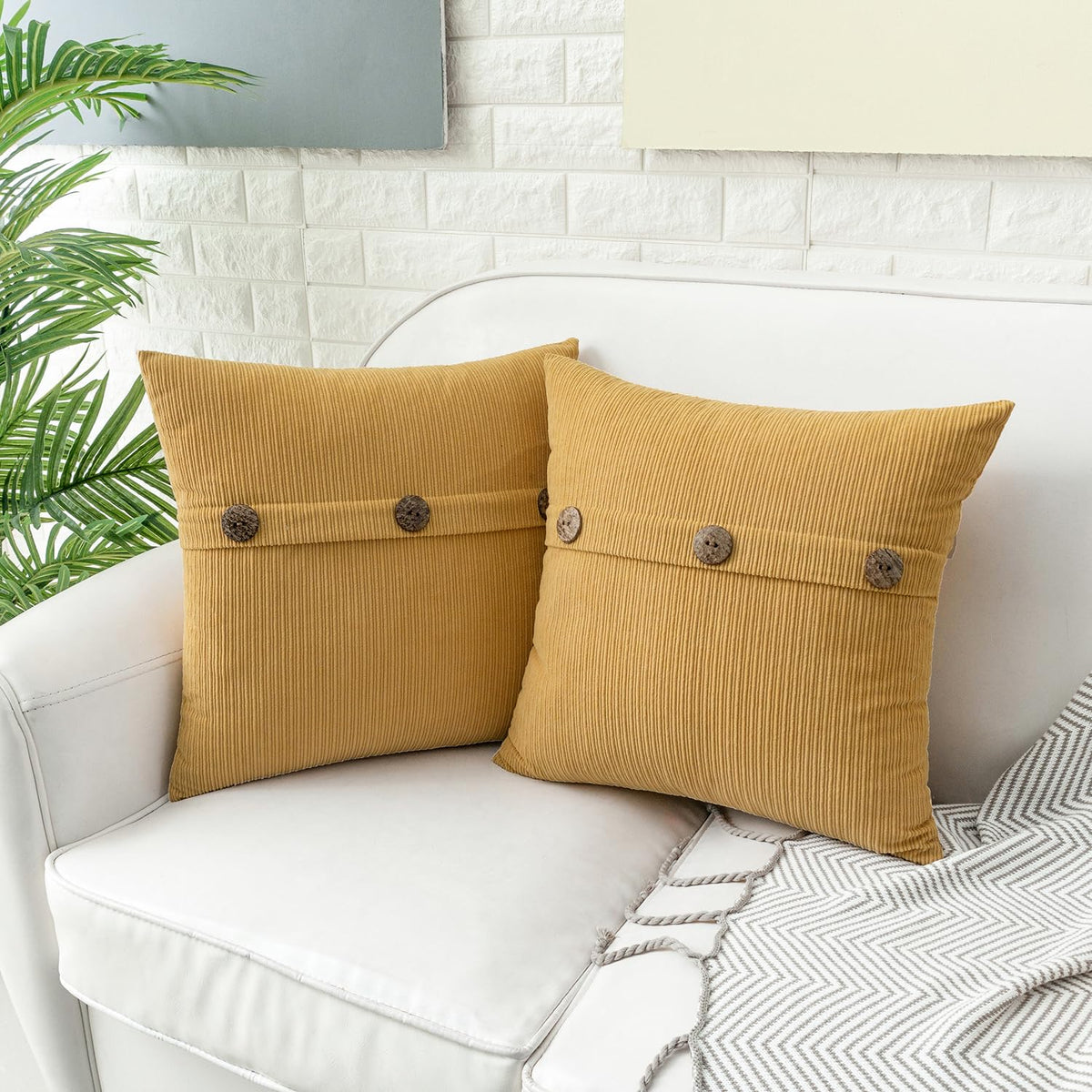 HWY 50 Mustard Yellow Chenille Throw Pillow Covers 16x16 Inch with Triple Buttons, Soft Farmhouse Accent Decorative Cushion Cases for Couch Sofa Bed Living Room Pack of 2