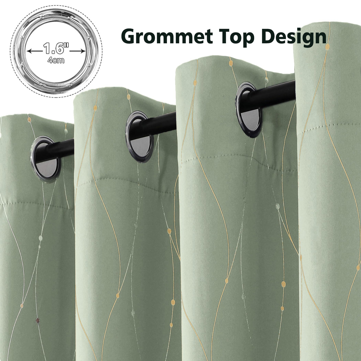 BUHUA Blackout Curtains Gold Foil Print Wave Line and Dots Grommet Drapes, Room Darkening Thermal Insulated Curtains, Noise Reducing Curtain for Bedroom, Sage Green, 52Wx84L, 2 Panels