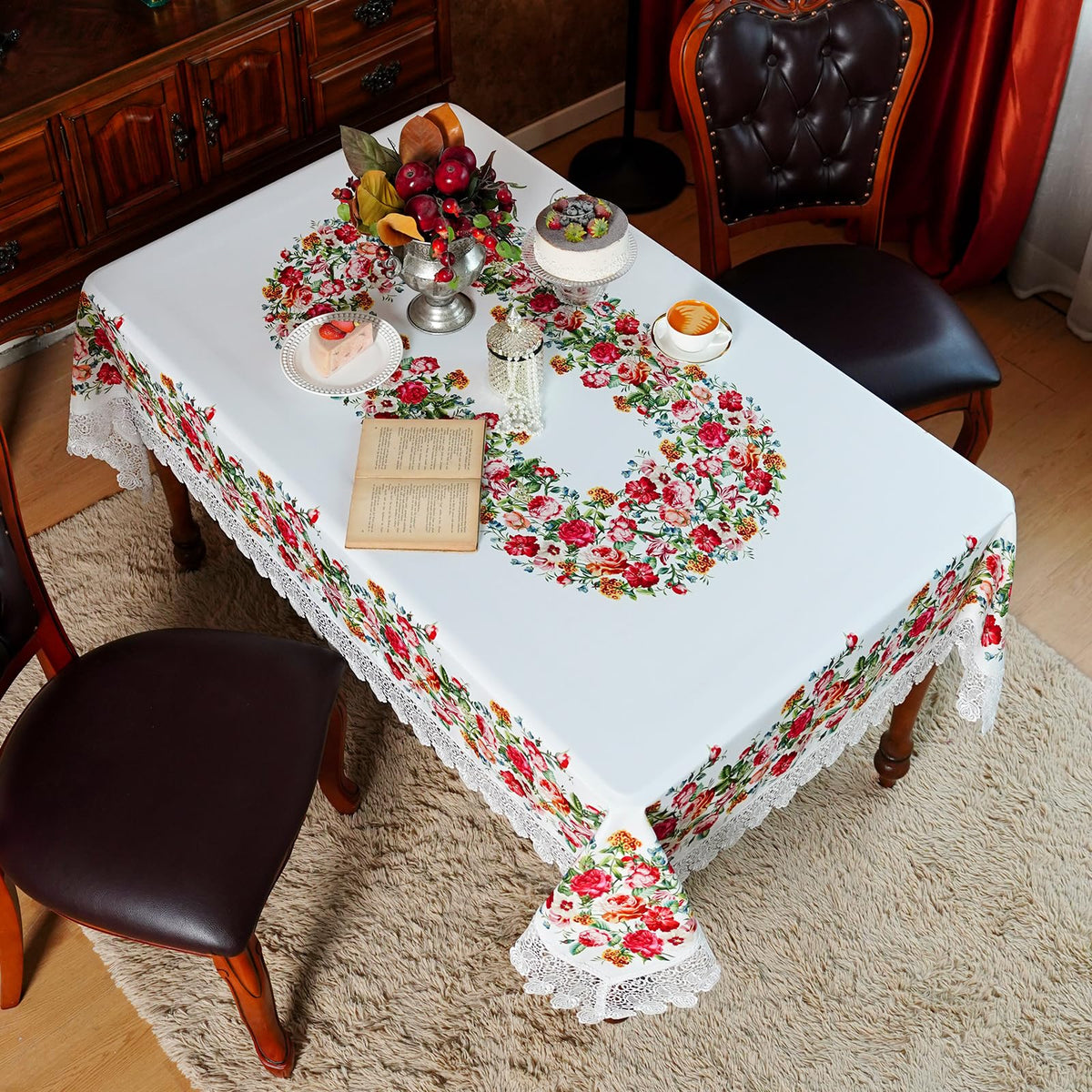 SUTAVIA Floral Lace Tablecloths Waterproof Rectangle Table Cloth Farmhouse Washable Table Cover for Home Holiday Thanksgiving Christmas Party Dining Table (White, 60"x104")