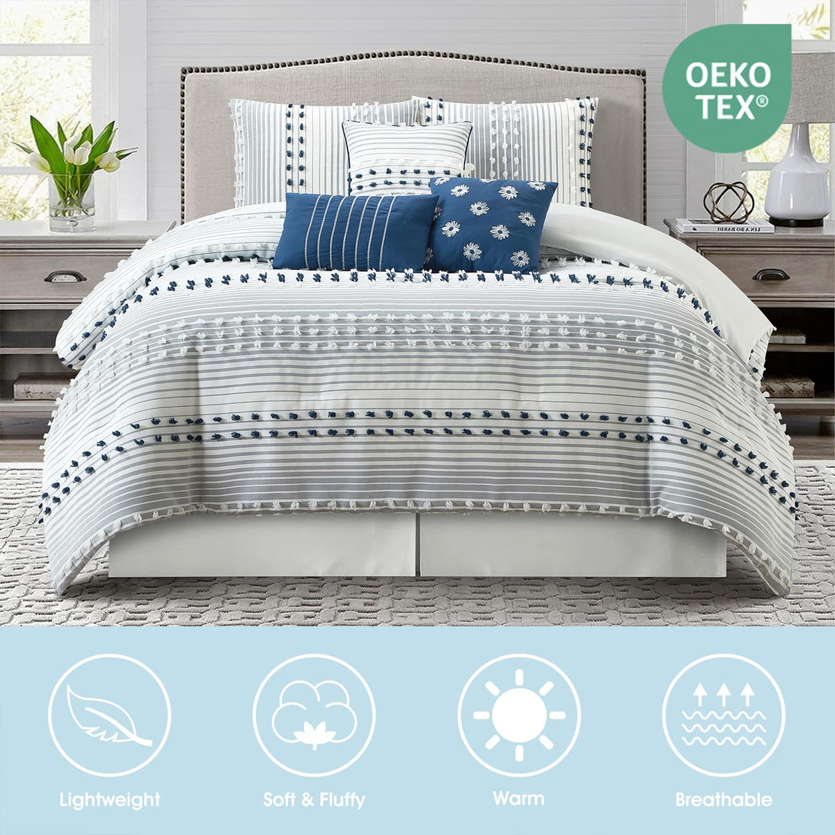 LANCO MODERN LIFESTYLE California King Comforter Set, Blue, Jaquard Clip Striped Design, Elegant Soft 7 Pieces Bedding Set for All Seasons, Matching Bedskirt, Pillow Shams and Decor Pillows
