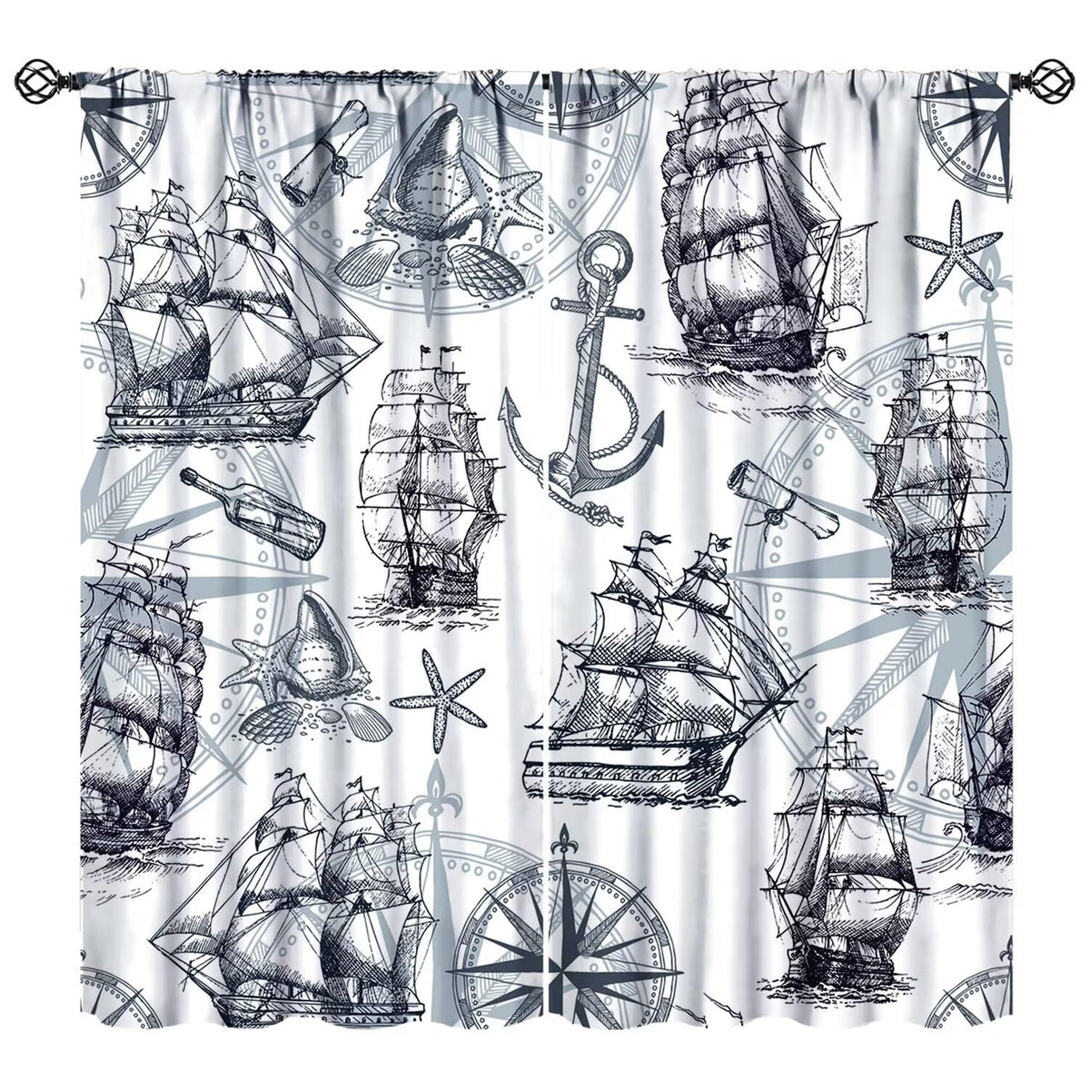 XBDDZSW Nautical Sailboat Map Curtains Sketch Pirate Ship Wheel Compass Starfish Coral Reef Nautical Map Pattern Print Window Drapes for Bedroom Living Room Kitchen Decor,2 Panel Set,42x45 Inch Decor