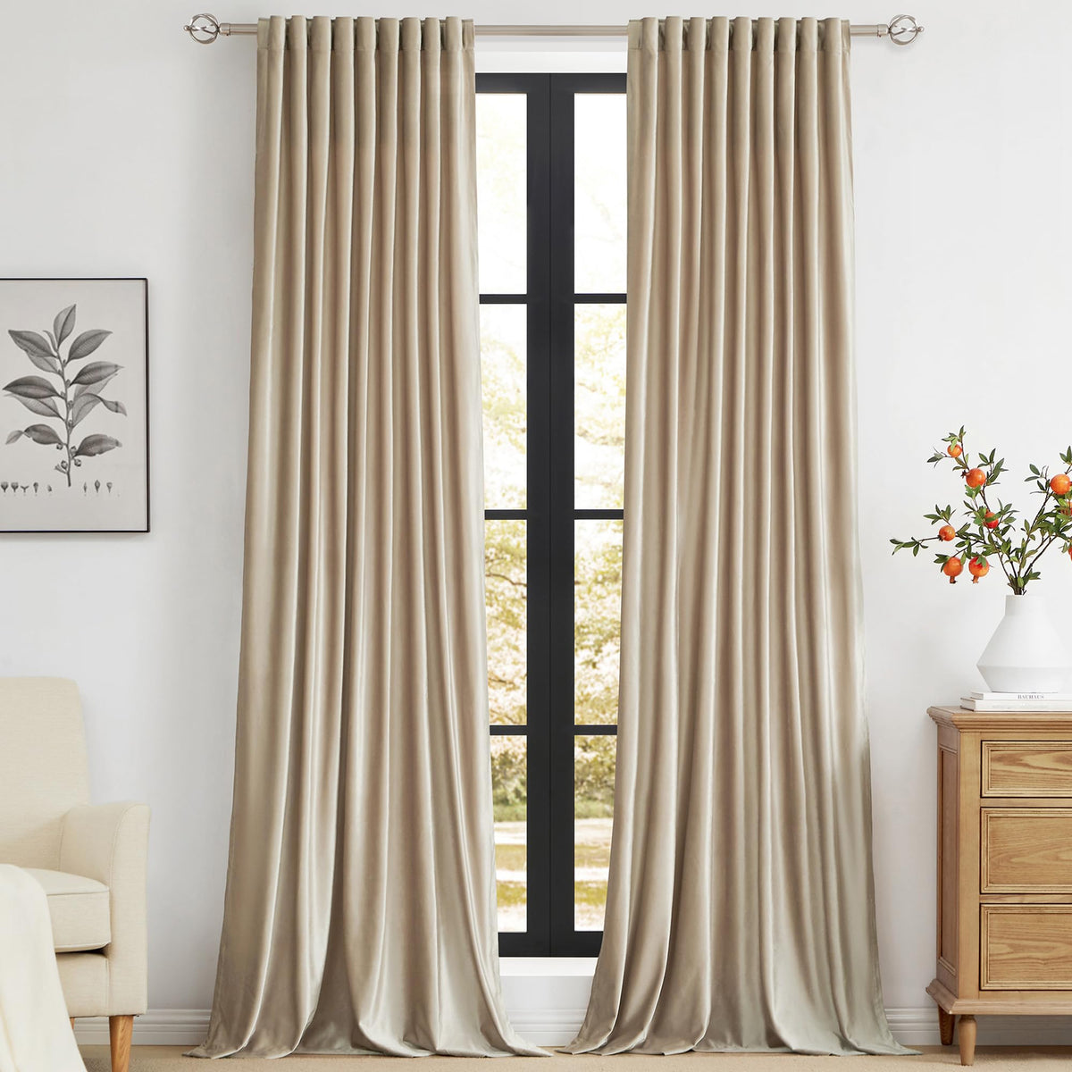 PRIMROSE Champagne Polyester Velvet Curtains 96 inch Long for Living Room,Set of 2 Panels Blackout Rod Pocket Back Tab Window Treatment Room Darkening Heavy Decorative Curtains Drapes for Bedroom