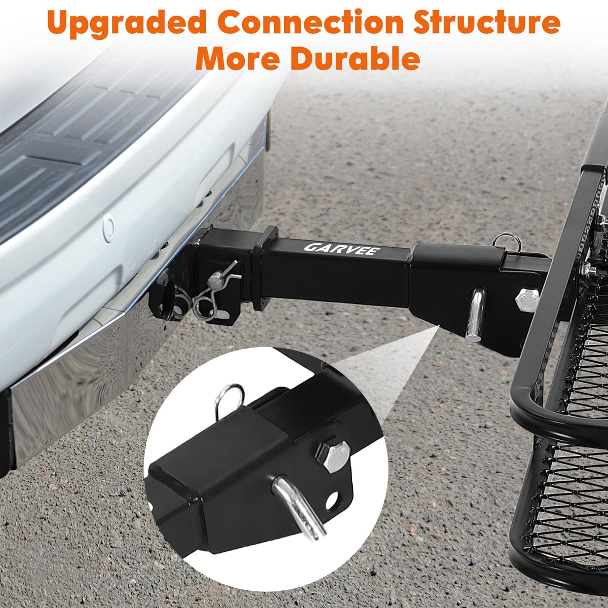 Garvee Folding Hitch Mount Cargo Carrier Basket 60" x 20" x 6", Hauling Weight Capacity of 500 Lbs with Folding Arm, Hitch Stabilizer, Cargo Net and Ratchet Straps