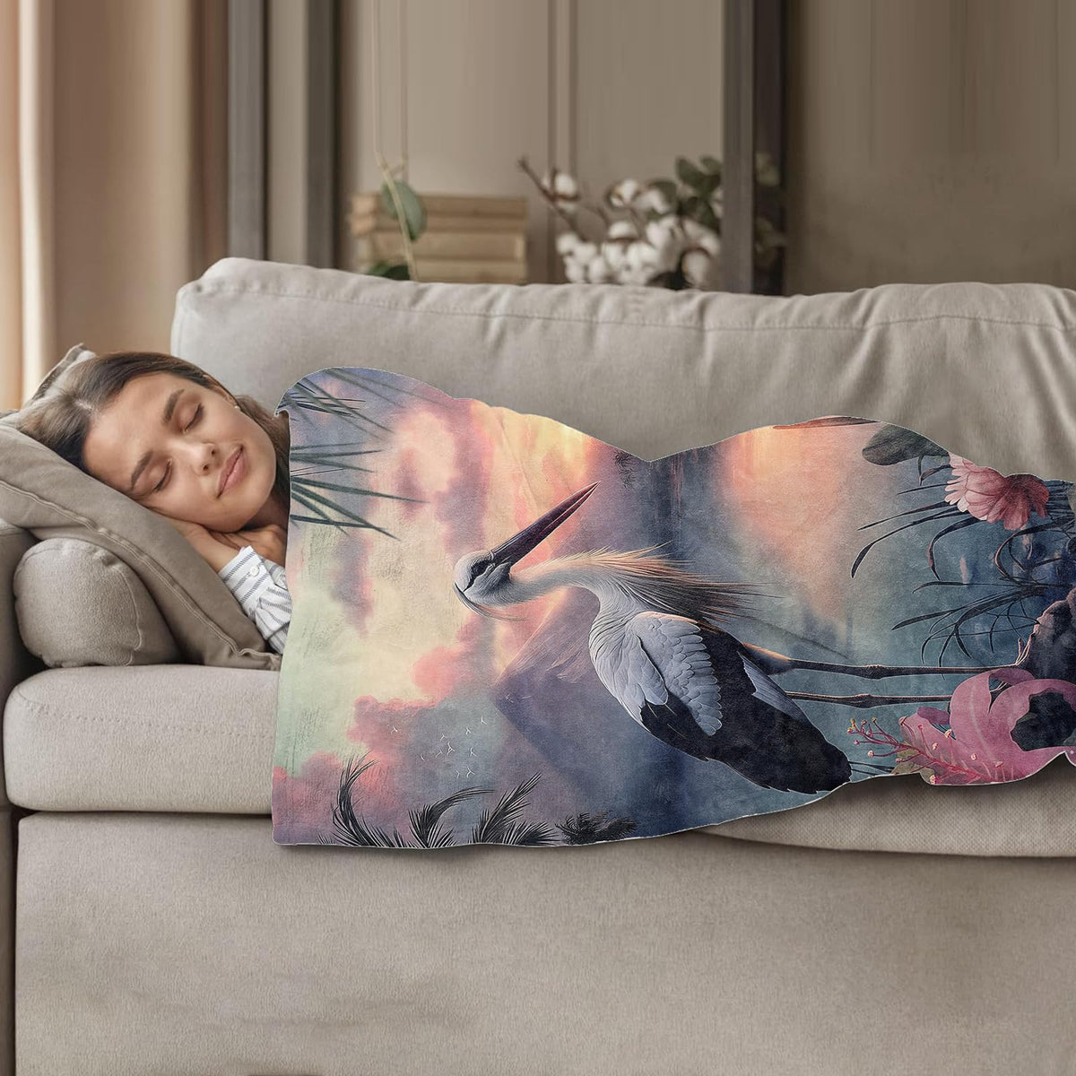 Plistiz Serene Crane Throw Blanket 50x60 Inch, Wildlife Themed Blankets for Tranquil Home Decor, Crane in a Mystical Landscape, Flannel Polyester, Peaceful Gift for Bird Watchers