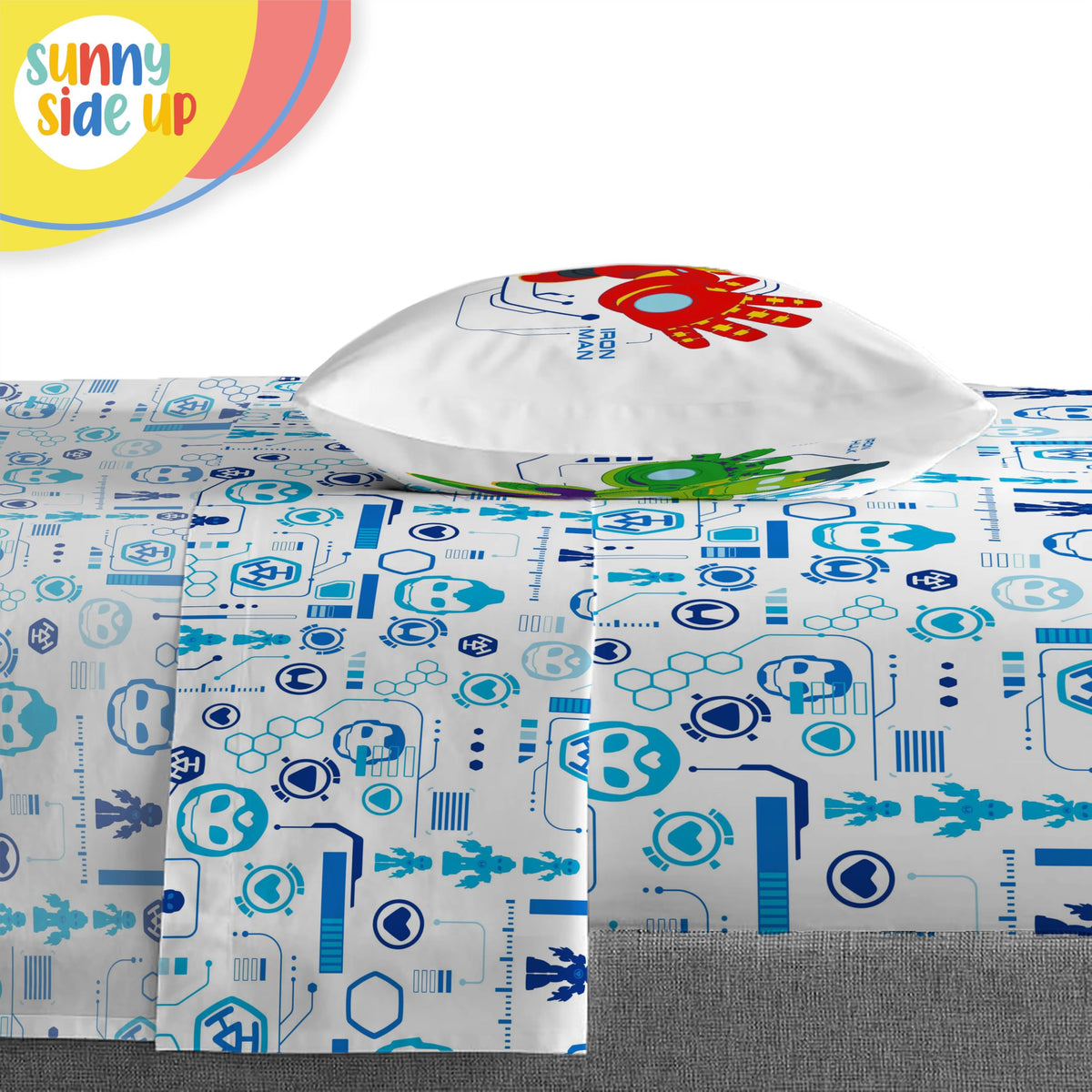 Sunny Side Up Kids Comforter Set Includes Sheets and Pillow Covers - Soft and Cozy Bed Set for Stylish Room Decor, Blue - Iron Man and His Awesome Friends, 4 Piece Toddler Bed Frame Size Bedding