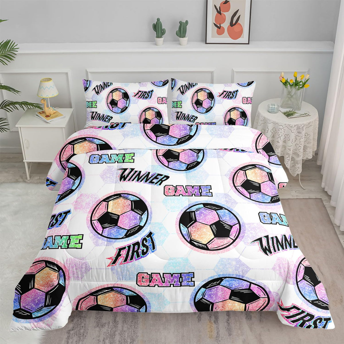 Smell Sunshine Soccer Comforter Set Sport Themed Printed Bedding Set with 1 Comforter and 2 Pillowcases for Boys and Girls Bedroom All Season(Soccer Twin)