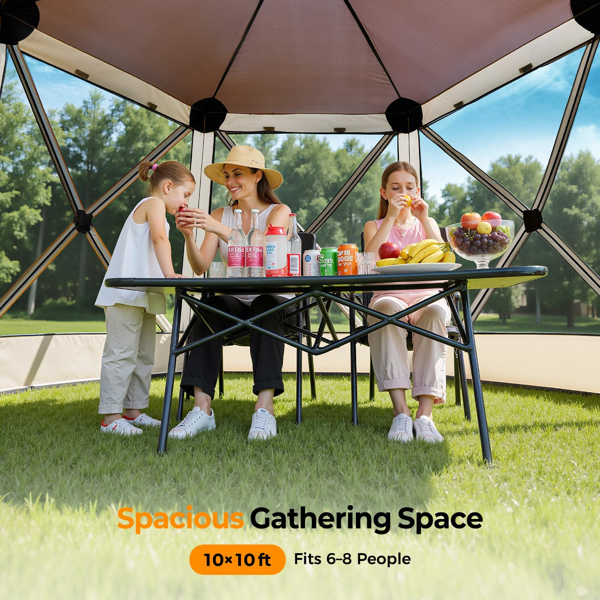 Tecoom 6-Sided Pop Up Gazebo Tent, Screen House with Mosquito Netting Canopy for Camping, 10x10ft Portable Sun Shelter Removable Siedwalls for Outdoor, Garden, Activities, Khaki