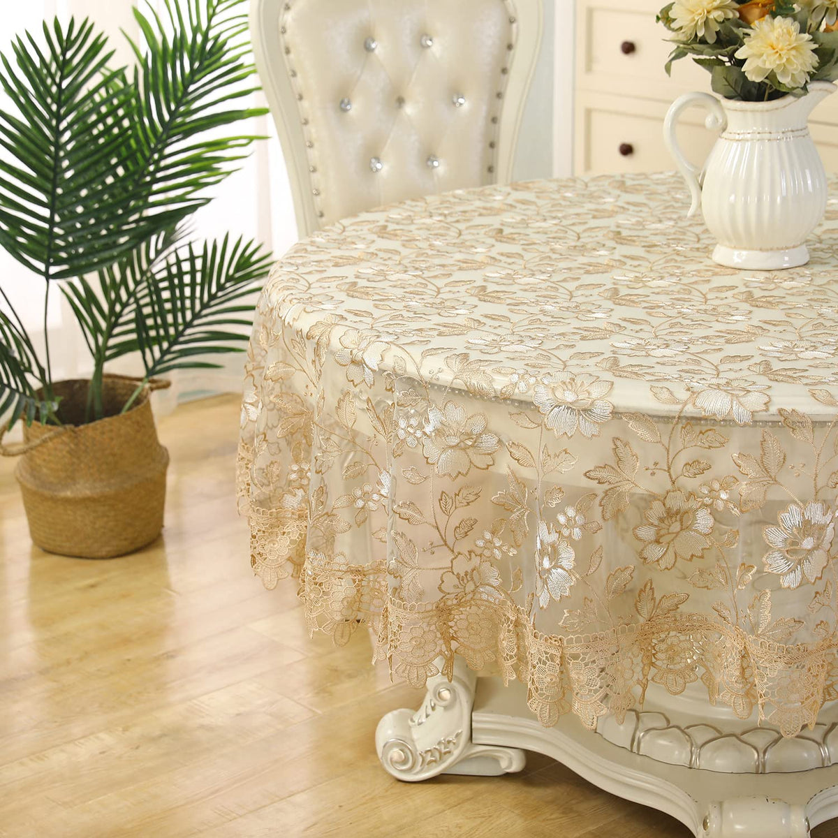 Gold Tablecloth Lace Macrame Vintage Tablecloth Shabby Chic Embroidered Round Table Cover for Kitchen Dining-Room Summer Holiday Outdoor Picnic