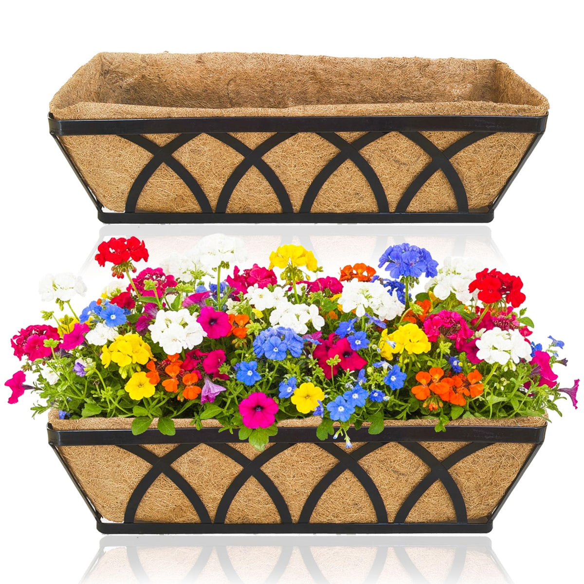 XXFBJNMD 2 Pack 24 Inch Window Box Deck Railing Planter with Coco Liner Fence Balcony Patio Long Window Flower Box Deck Railings Hanging Horse Trough Balcony Garden Rail for Outdoor Garden Fence Lawn