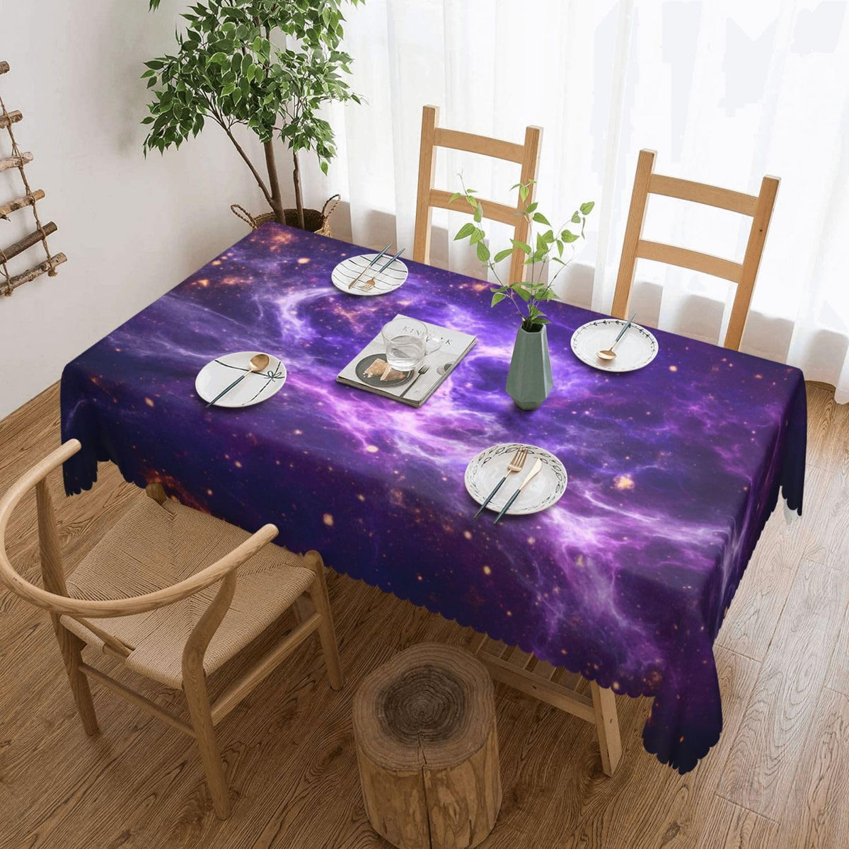 GOUROISE Galaxy Starry Night Sky Stars Rectangular Tablecloth, Galaxy Universe 54x72 Inch Wavy Lace Border Polyester Table Cloth for Dining, Kitchen, Parties
