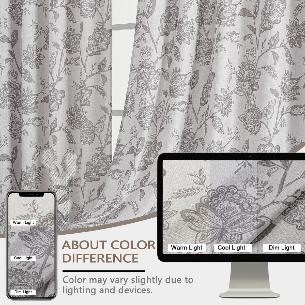Ebesto Floral Curtains 63 Inch Length - Light Filtering Faux Linen Flower Printed Window Curtains for Bedroom, Rod Pocket No-See Through Privacy Drapes, 2 Panels, Each 40Wx63L Inches, Grey