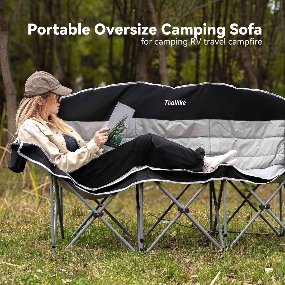 Thallike Double Camping Chair – 2-3 Person Outdoor Folding Sofa with Cup & Wine Glass Holders – Oversized Loveseat Camping Couch for Campfire, RV, Backyard – Supports Up to 1050 lbs