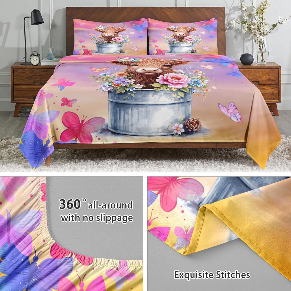 WeCozy 4 Pcs Queen Size Bed Sheet Sets with 2 Pillowcases, Cow Butterfly Floral Soft Microfiber Bedding for Kids and Adults, Boho Highland Cow Flat, Fitted Sheet for Bedroom Bed Decor