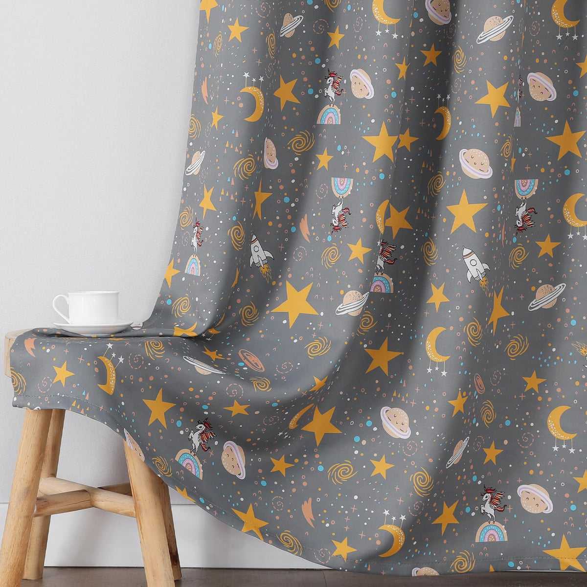 Estelar Textiler Planets Unicorn Printed Grey Blackout Curtains for Nursery Bedroom, Thermal Insulated Room Darkening Star Moon Pattern Grommet Window Drapes for Toddler Room,Gray, W38 x L63, 2 Panels