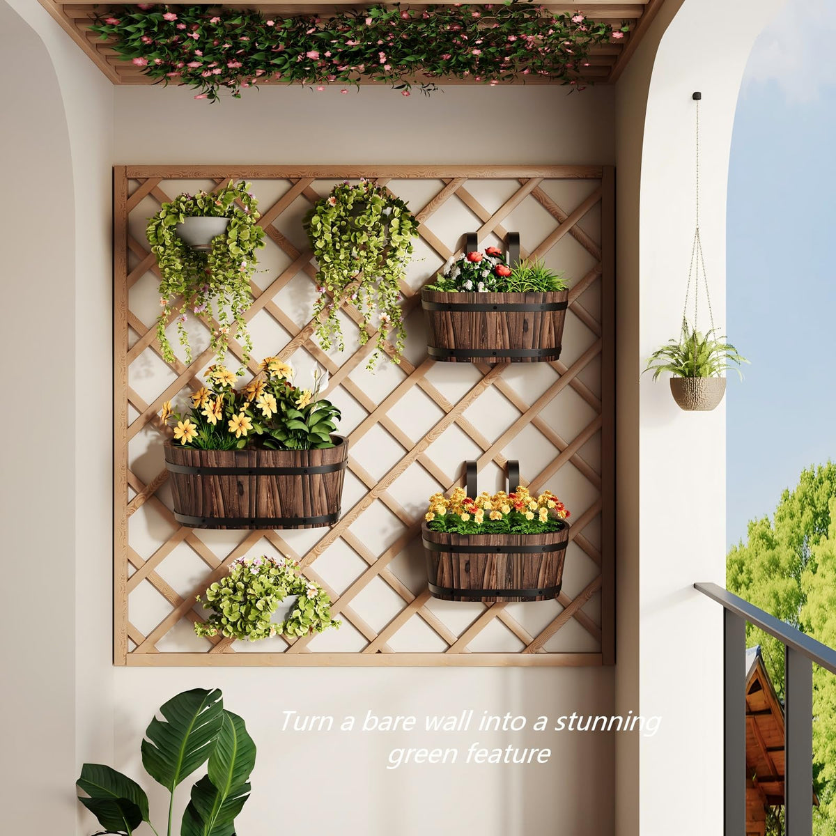2pcs Wood Railing Planter Boxes Wooden Hanging Flower Pots for Railing Fence Outdoor Plants Wall Planters Window Flower Box Hanging Bucket Pots Countryside plant Holder (Carbonized,2pcs,Small)