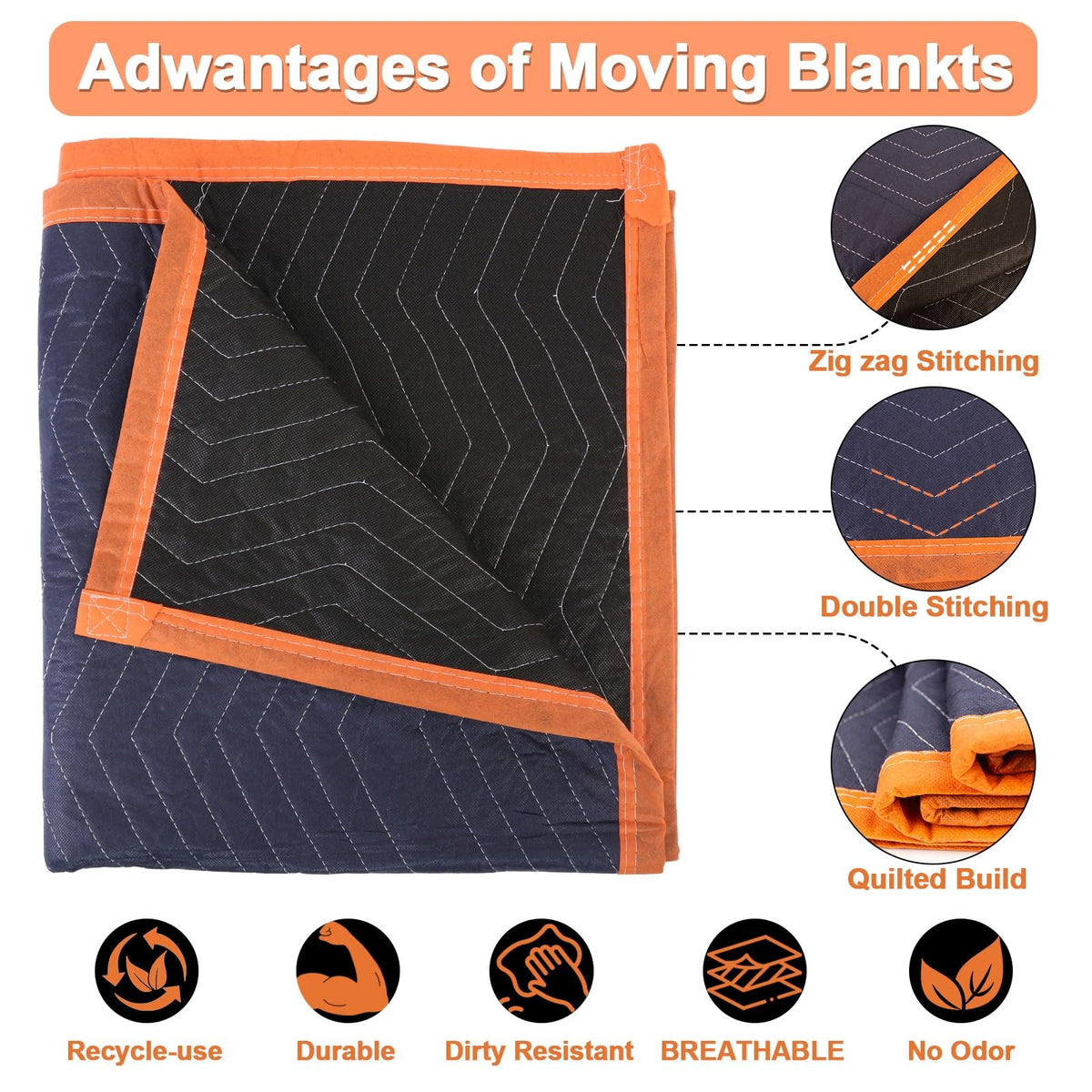 YMTLJHDSY 2 Moving Blankets 72x80in with 1 Elastic Rubber Band (196in Extendable to 400in) – Durable Quilted Moving Blanket-Heavy Duty Shipping Blankets (Total Weight 8.8 lbs,Black/Blue)