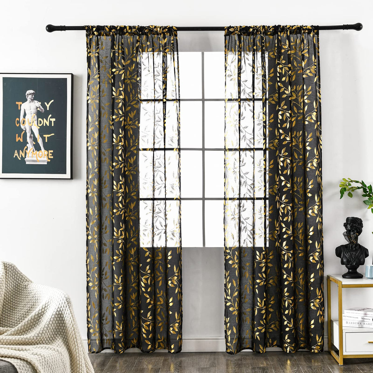 Deeprove Black Sheer Curtains 84 Inch Length 2 Panels Set, Gold Foil Metallic Branch Vine Leaves Print Window Treatments for Bedroom Halloween Decor, Bronzing Drapes Pair Rod Pocket 52" W x 84" L