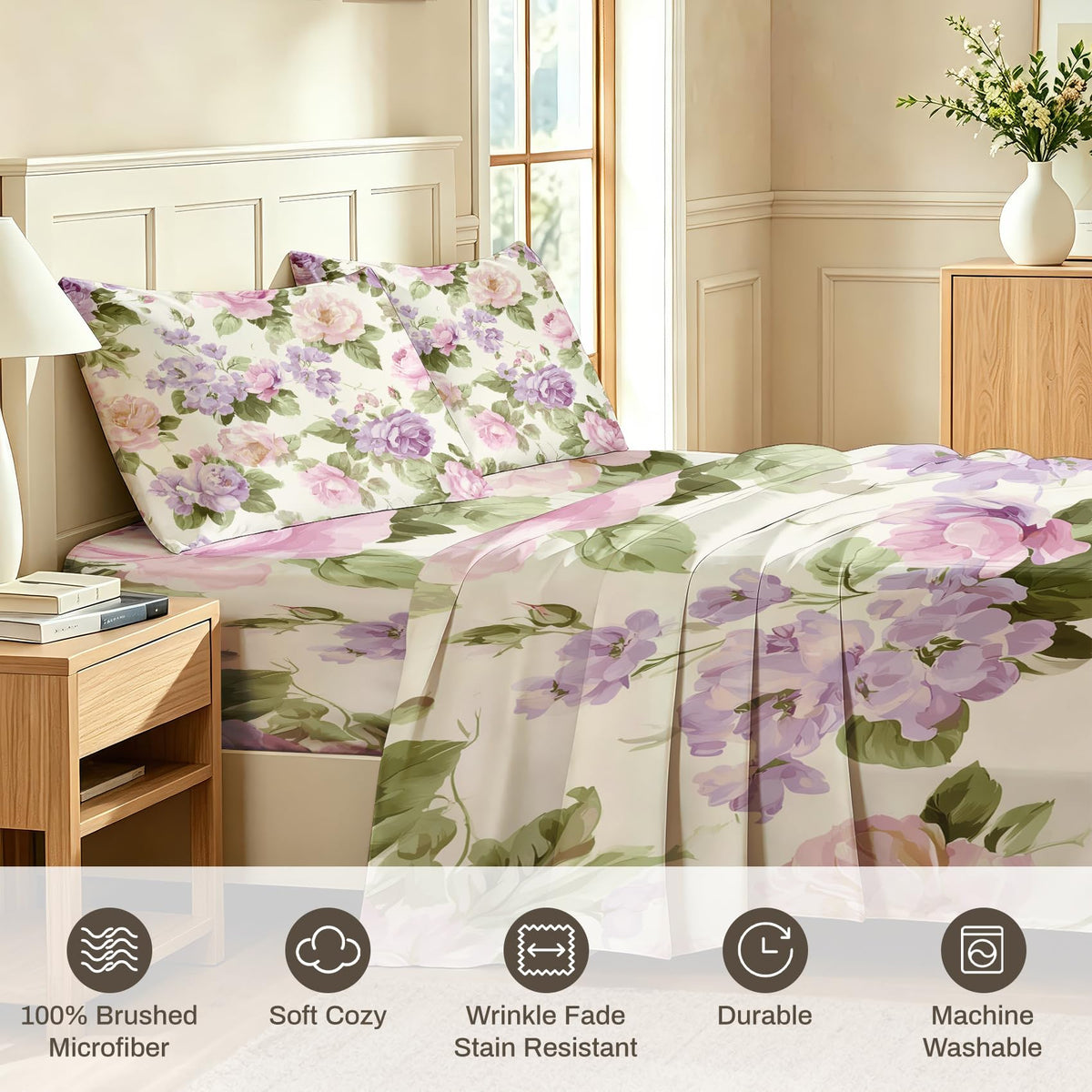Purple Peony King Sheet Set 4 Pcs Watercolor Flowers Bed Sheets
