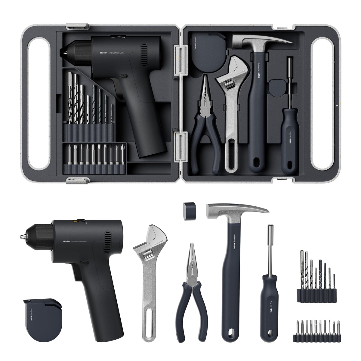 HOTO 25PCS Household Tool Kit with 16V Brushless Drill, 3/8” Keyless Chuck, Smart Display, 50 N·m Torque, 32 Torque Settings, LED Light, Includes Hammer, Wrench, Pliers, 8 x Drill Bits, 10 x Bits