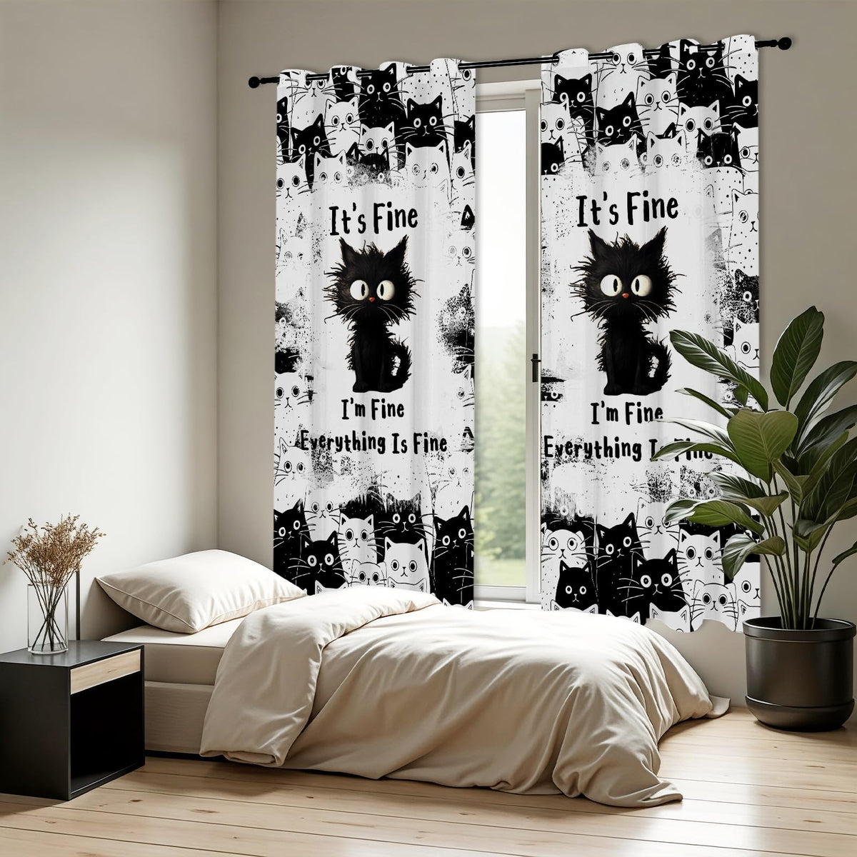 SIOQCKIS Cute Cat Curtains for Bedroom, Funny Black Cats Curtains for Windows, It's Fine Cat Kitchen Curtain Kitten, 52 x 84 Inch Long 2 Panels Gifts for Cats Lovers Window Decor Bathroom