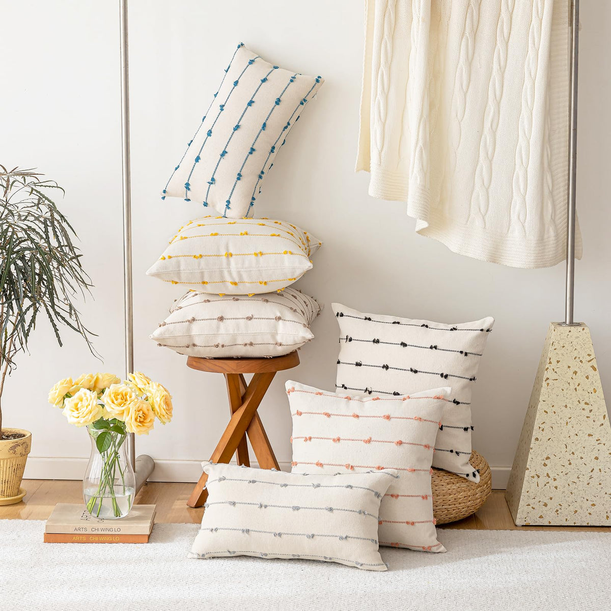 YEENAASY Boho Throw Pillow Covers 18x18 Set of 2 Modern Farmhouse Decorative Cushion Case Tufed Square Pillows Cover Neutral Pillow Cases Accent Pillowcase for Sofa,Couch,Bed,Beige and Green