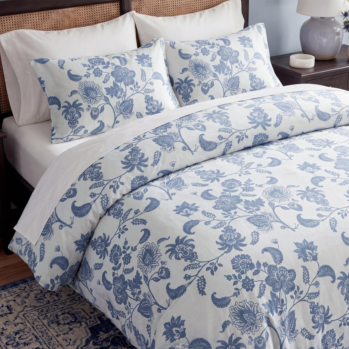 Bedorm 100% Cotton Duvet Cover Set King Floral Bedding Set Blue and White Paisley Flowers Print Boho Bedroom Decor Soft & Breathable Duvet Cover with Zipper Closure