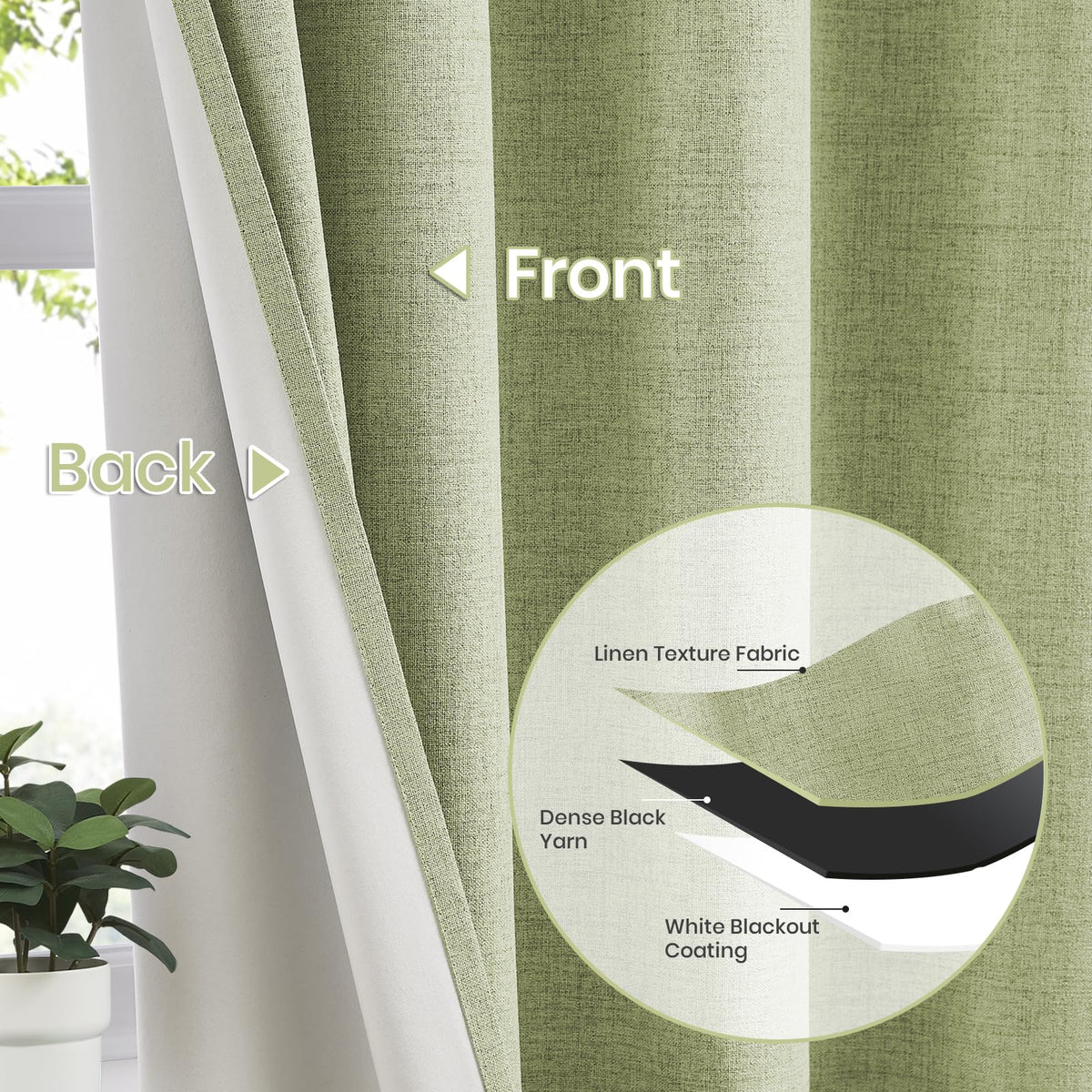 Melodieux Sage Green 100% Blackout Linen Curtains 84 Inch Length 2 Panels Set, Living Room Darkening Thermal Insulated Grommet Curtains, Bedroom Natural Farmhouse Burlap Textured Drapes, 42x84 inch
