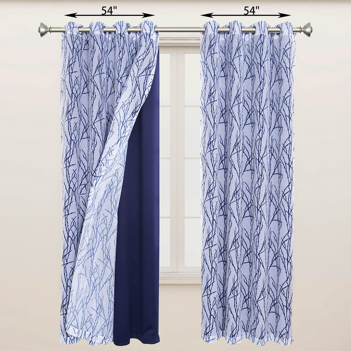 BONZER Mix and Match Curtains - 2 Pieces Branch Print Sheer Curtains and 2 Pieces Blackout Curtains for Bedroom Living Room Grommet Window Drapes, 54x108 Inch/Panel, Indigo, Set of 4 Panels