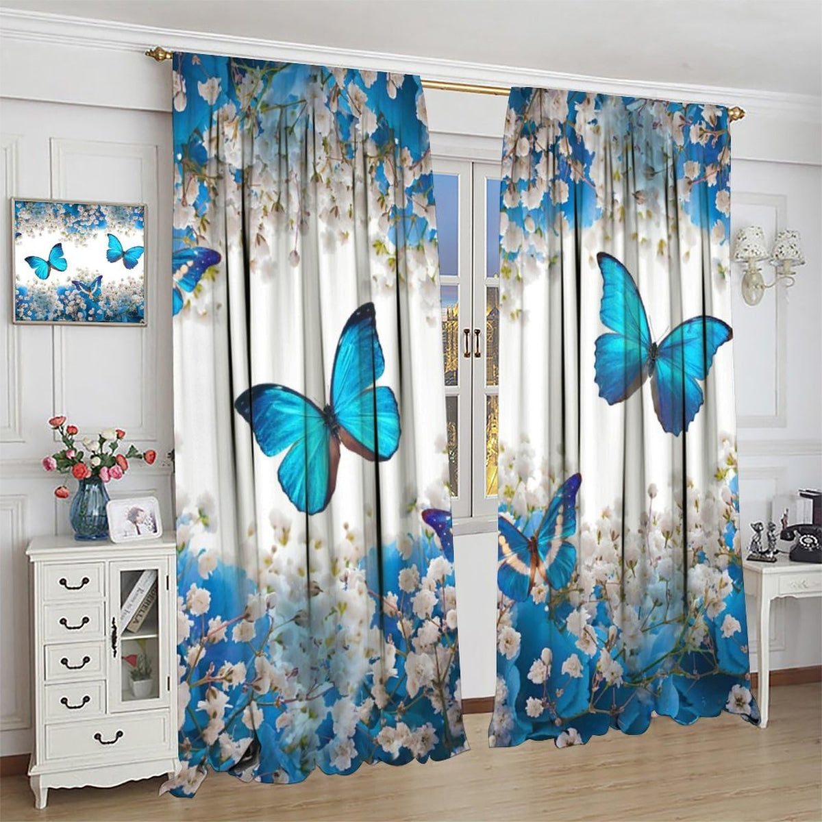 PHTAYOT Butterfly Curtains, Blue Floral Spring Rustic Farmhouse Butterfly Print for Kids Girl Boy Room Window Decor, Rod Pocket Drapes for Living Room Bedroom Kitchen 2 Panel Set 20.5" W X 45" L