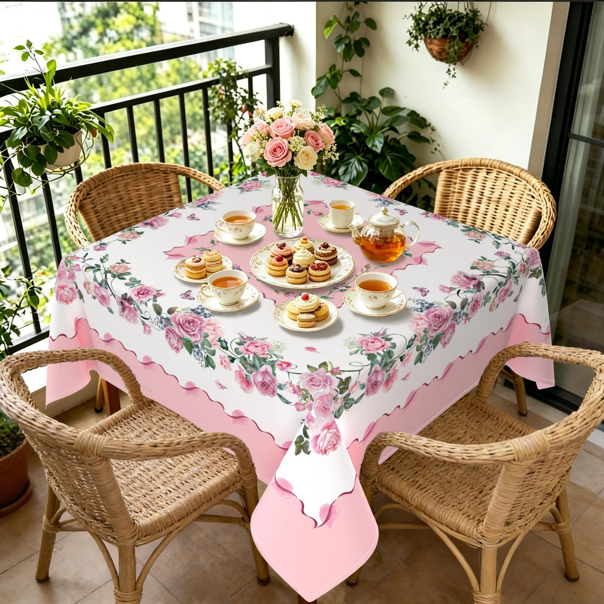 Yighty Pink Square Tablecloth 70x70 Inch, Rose Flower Printed Tablecloth, Spring Summer Waterproof Floral Tablecloth, Suitable for Indoor and Outdoor, Holiday Kitchen Restaurant and Party