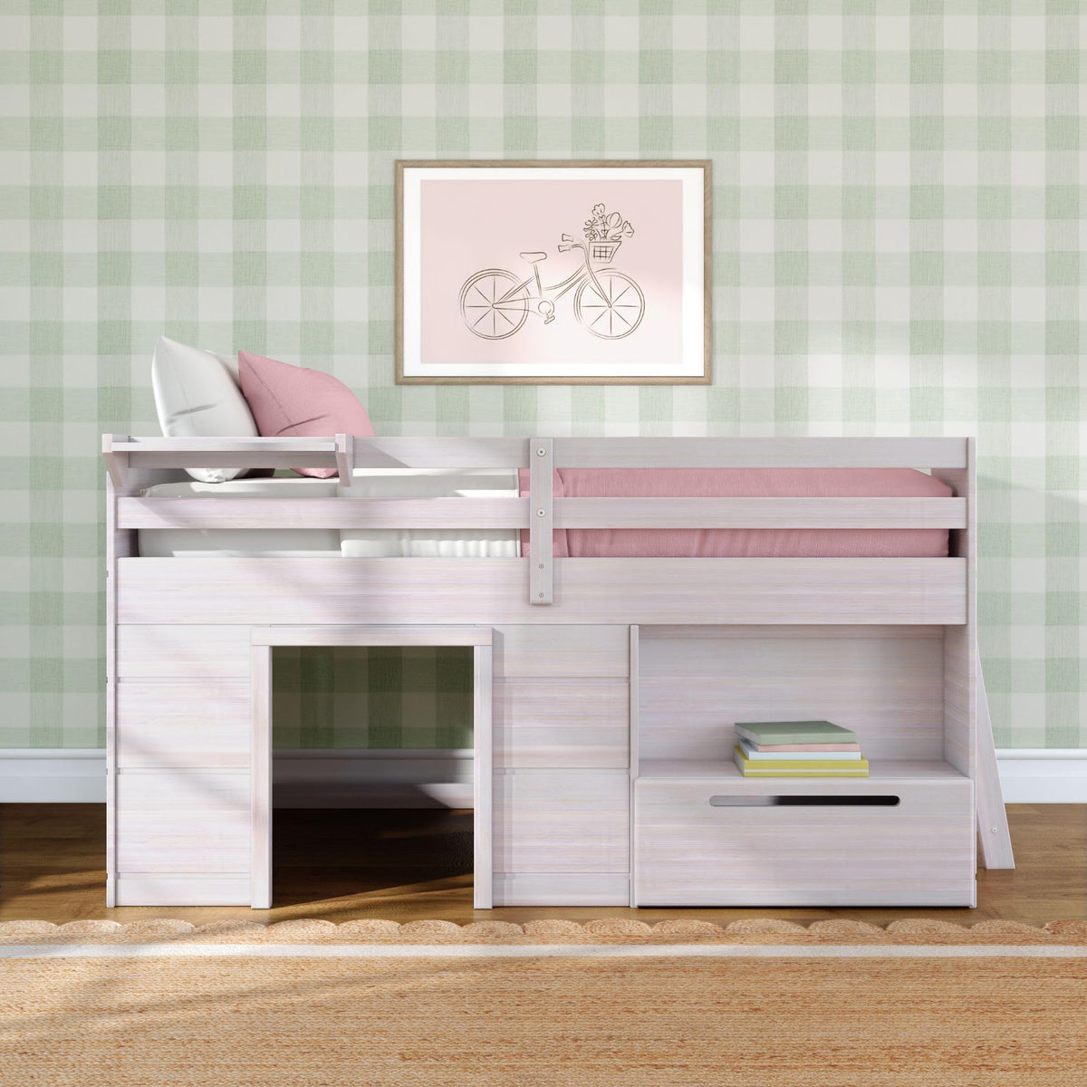 Max & Lily Modern Farmhouse Low Loft (Twin), with Storage Drawer, White Wash