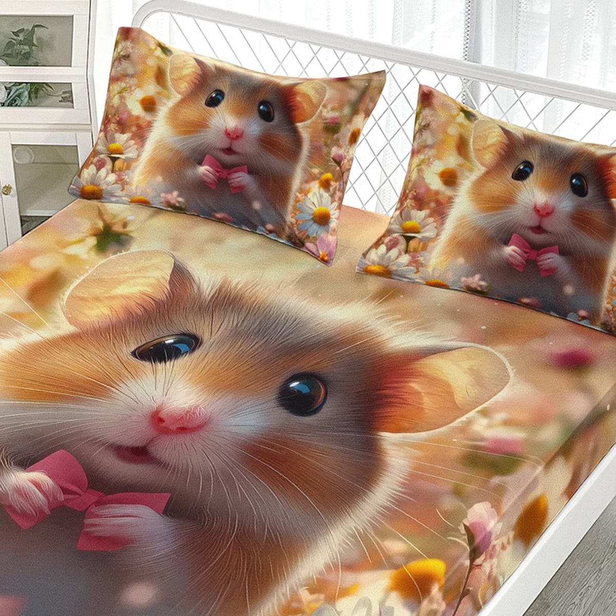 AILONEN Cute Hamster Fitted Sheet Set Twin Size, Flower Hamster Print Bedding Set for Kids Girls Teens,Pet Animal Theme Bed Sheet Set for Bedroom Decor,3 Pieces,1 Fitted Sheet and 2 Pillowcases