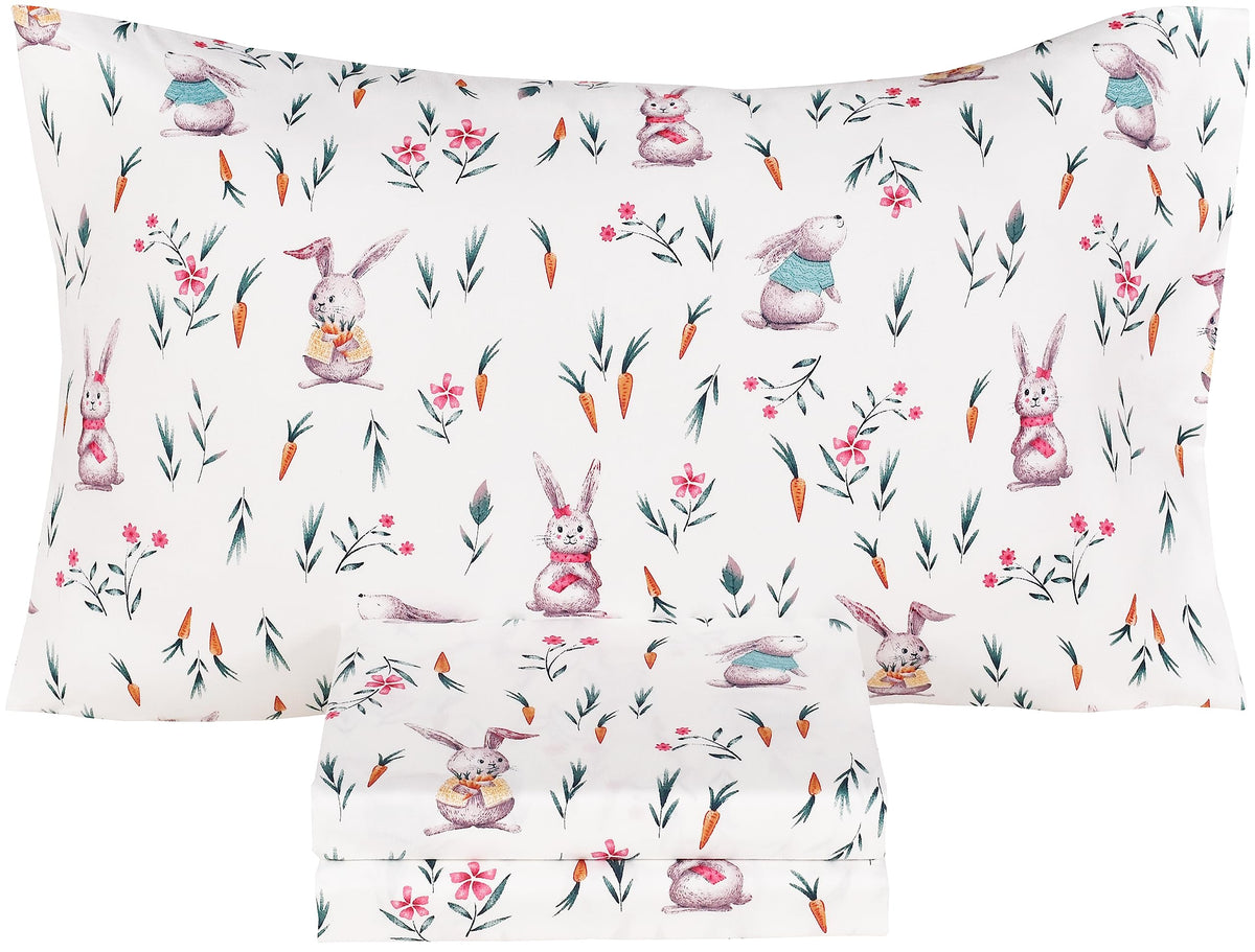 Scientific Sleep Cute Bunny Like Flower & Baby Carrot 100% Cotton Cozy 3 Pcs Twin Bed Sheet Set, Flat Sheet & Fitted Sheet & Pillowcase Natural Bedding Set for Kids Boys Girls (Rabbit)