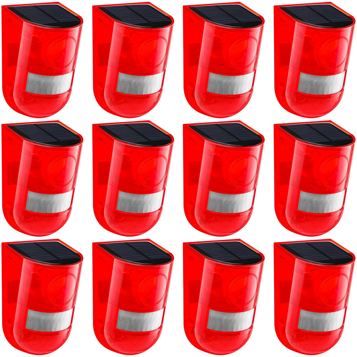 Qualirey Solar Sound and Light Alarm Motion Sensor 129db Outdoor Security Siren Waterproof Activated Detector Driveway Alarm 6 LEDs Flash Warning Deterrent Strobe System for Home, Farm(Red,12 Pack)