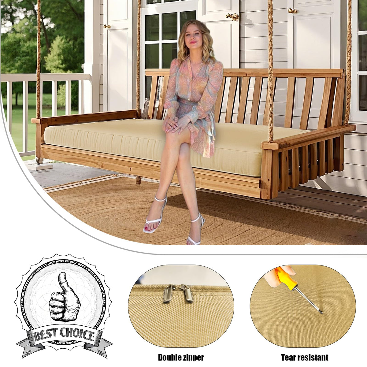 Olefin Twin Outdoor Porch Swing Bed Mattress Cover Waterproof, Twin Size Patio Daybed Cushion Covers Fitted Sheet Slipcover with Zipper, Only Cover (Beige, 75 * 39 * 6IN)